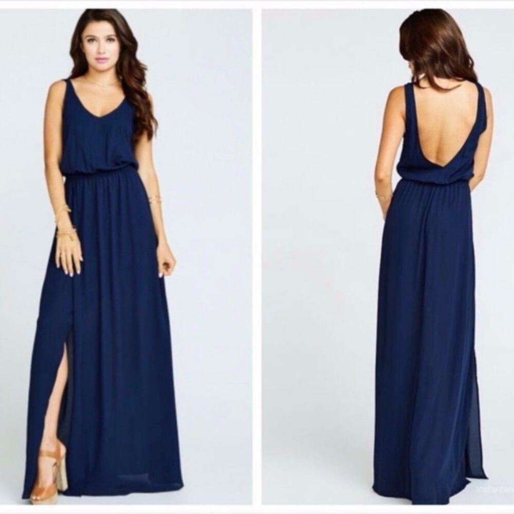 show me your mumu kendall maxi dress lined mini rich navy crisp chiffon medium